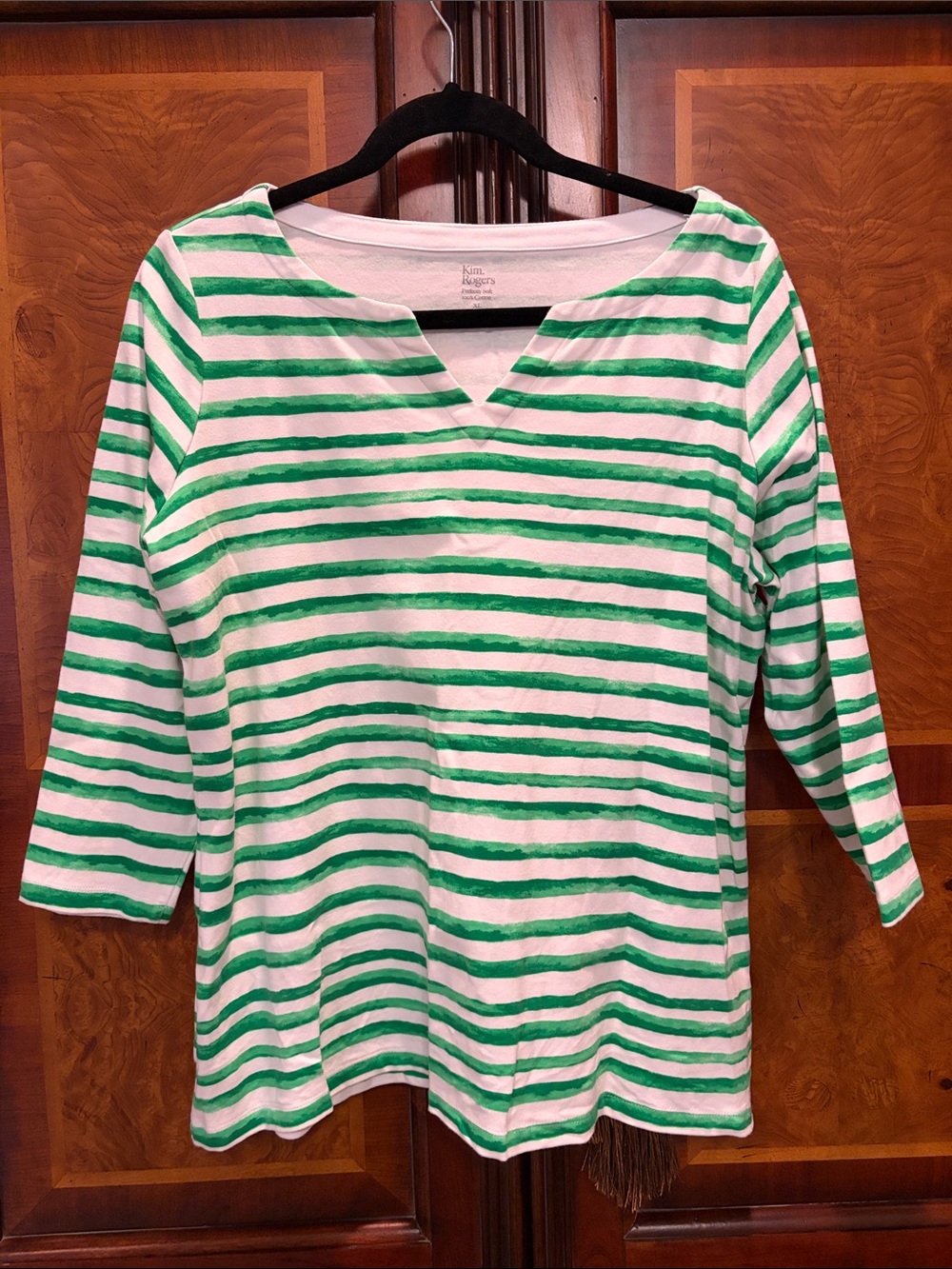 Kim Rogers Green and White Striped Split-Neck Long Sleeve Tee
